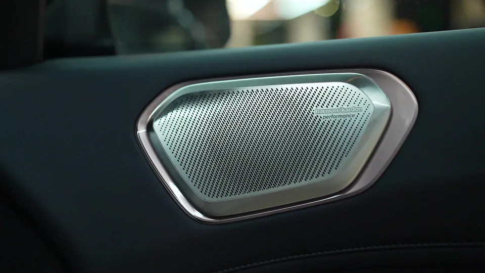 Close view of interior upholstery and a speaker grille